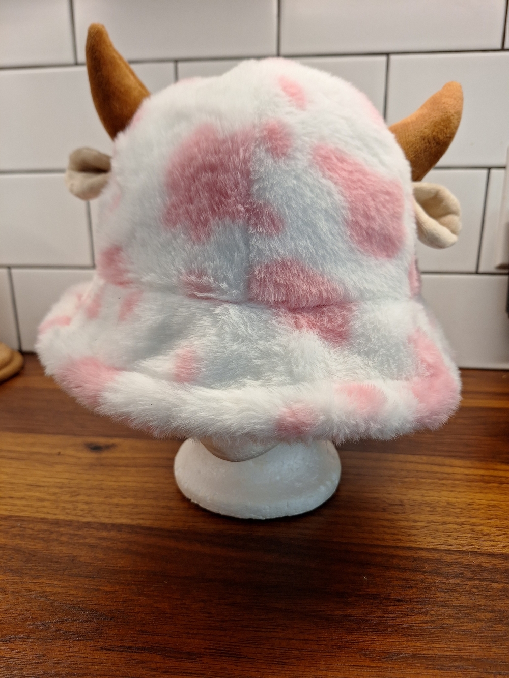 Plush Cow Ear Bucket Hat - Pink & White